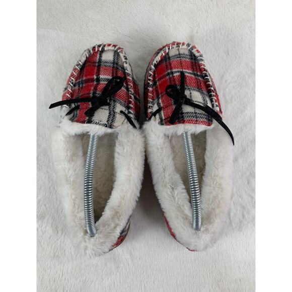 Sonoma Women’s Red Checkered Fur Slip-On Slippers Size 9-10 - Picture 8 of 9